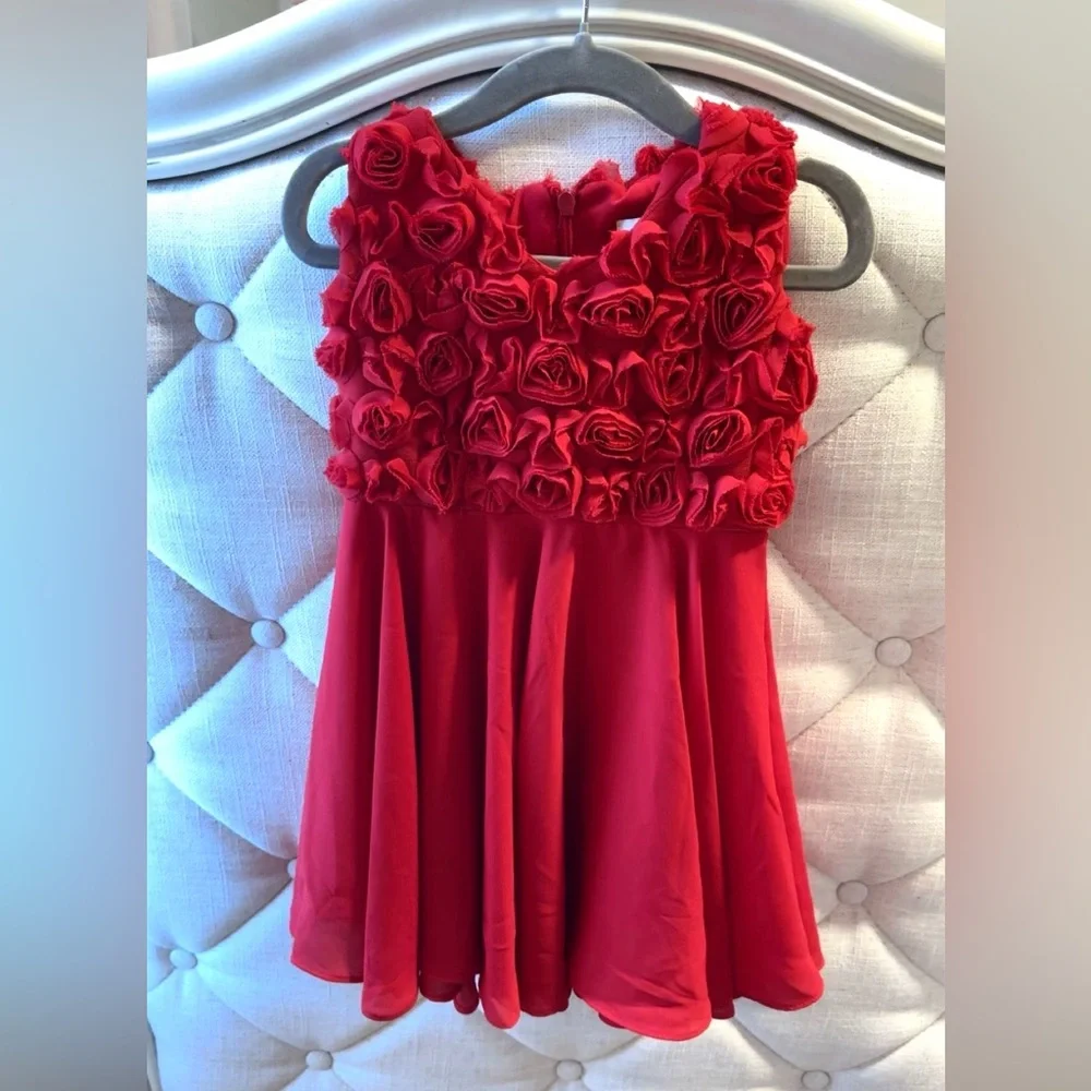 Helena Girls 3D Red Rosettes A-Line Dress